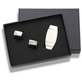 Silver Oval Money Clip and Rounded Cufflink Set with 2-Piece Gift Box